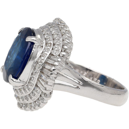 6.75 Carat Oval Cut Blue Sapphire Baguette Diamond Ballerina Ring-Time and Carat