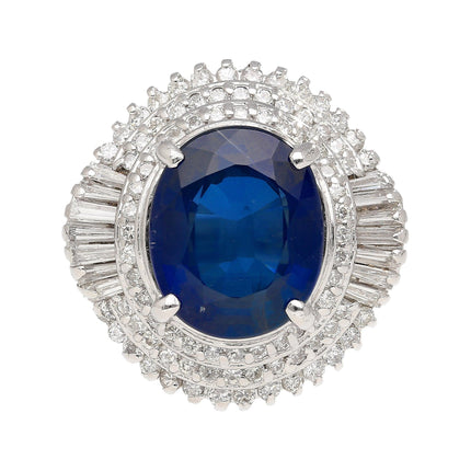6.75 Carat Oval Cut Blue Sapphire Baguette Diamond Ballerina Ring-Time and Carat