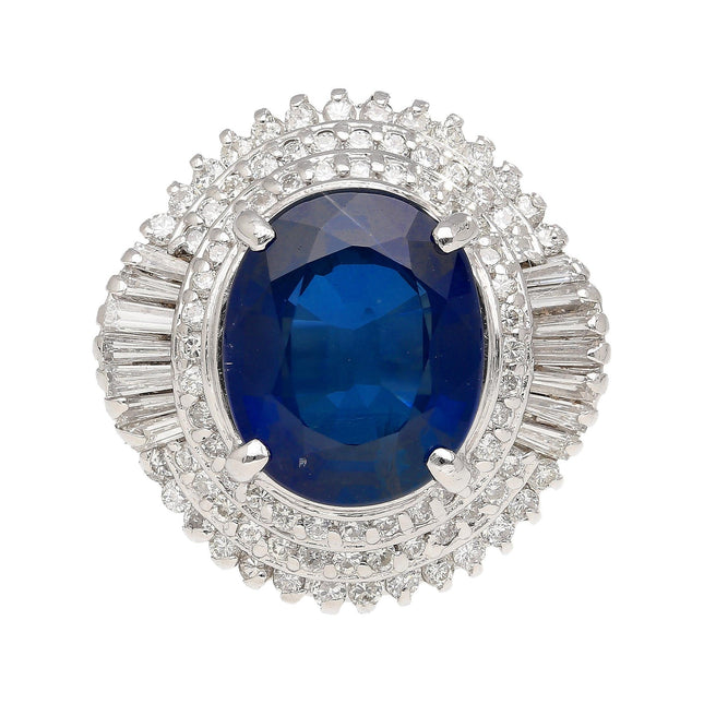 6.75 Carat Oval Cut Blue Sapphire Baguette Diamond Ballerina Ring-Time and Carat