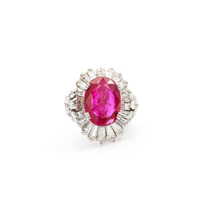 6.95 Carat Oval Cut Burmese Red Ruby Baguette Round Diamond Vintage Cocktail Ring-Time and Carat