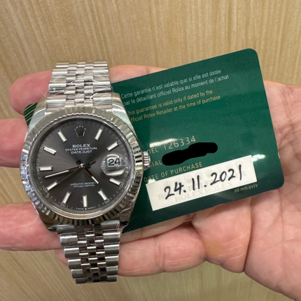 Rolex Datejust Rhodium Stick Dial Fluted Bezel Jubilee Bracelet 126334 Full Set 2021