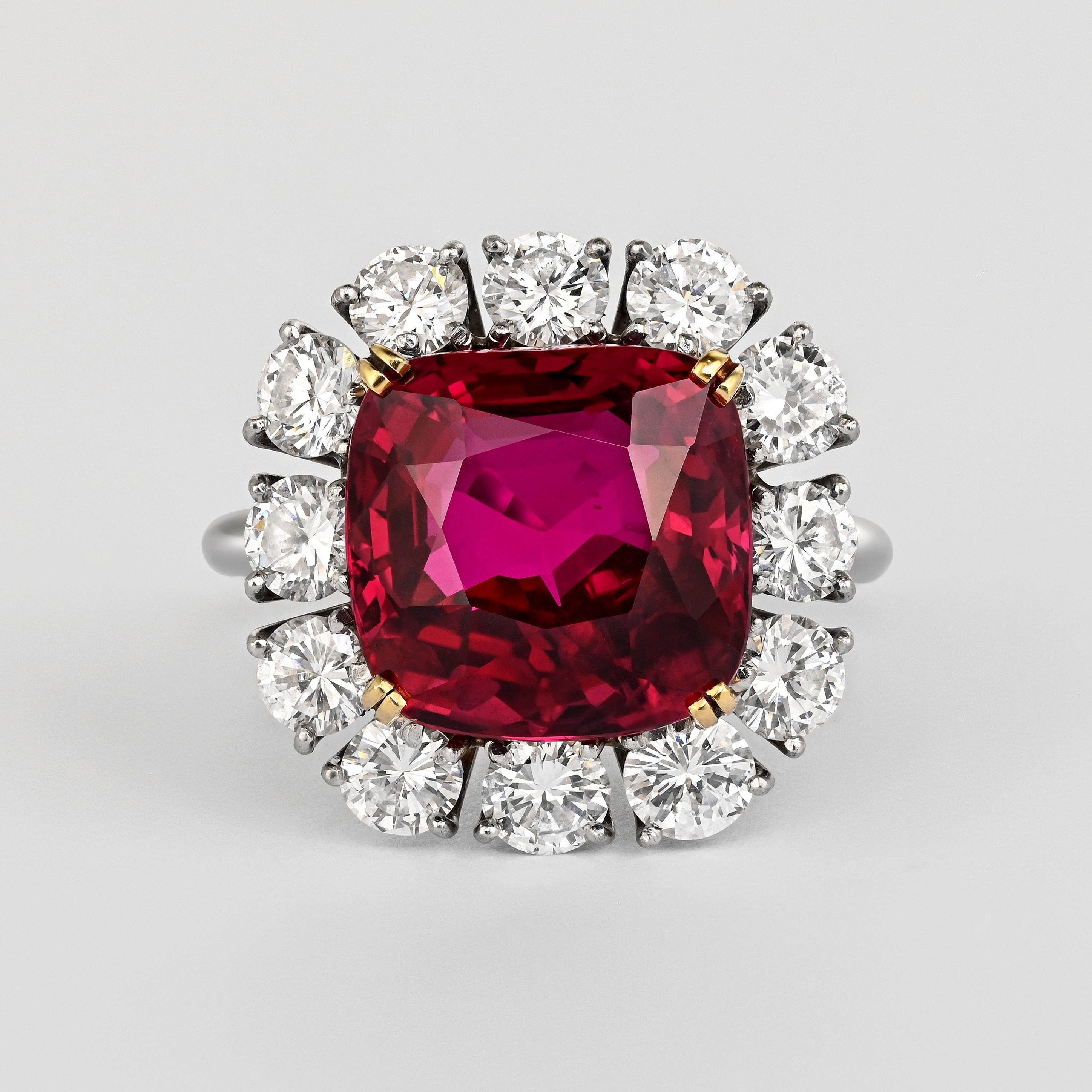 7.25 Carat Cushion Cut Vivid Purplish Red Siam Ruby Diamond Halo Ring-Time and Carat