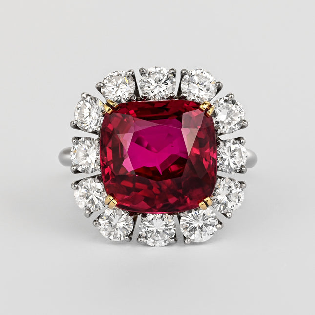 7.25 Carat Cushion Cut Vivid Purplish Red Siam Ruby Diamond Halo Ring-Time and Carat