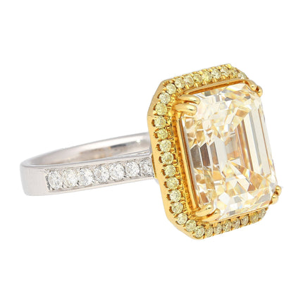 7.25 Carat Emerald Cut Fancy Light Yellow Diamond Round Diamond Ring 18K White Yellow Gold Two-Tone-Time and Carat
