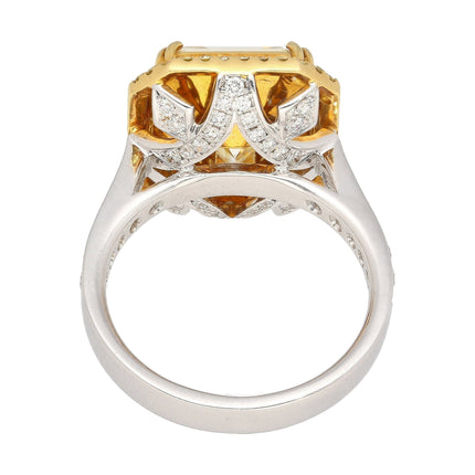 7.25 Carat Emerald Cut Fancy Light Yellow Diamond Round Diamond Ring 18K White Yellow Gold Two-Tone-Time and Carat