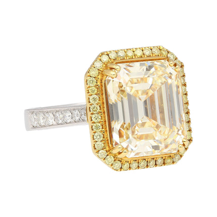 7.25 Carat Emerald Cut Fancy Light Yellow Diamond Round Diamond Ring 18K White Yellow Gold Two-Tone-Time and Carat