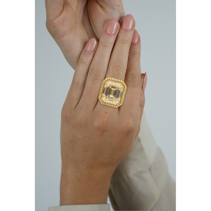 7.25 Carat Emerald Cut Fancy Light Yellow Diamond Round Diamond Ring 18K White Yellow Gold Two-Tone-Time and Carat