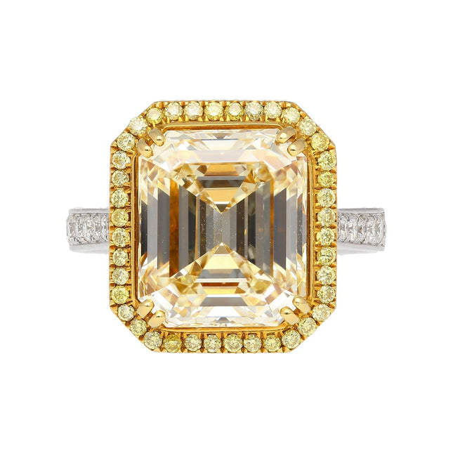 7.25 Carat Emerald Cut Fancy Light Yellow Diamond Round Diamond Ring 18K White Yellow Gold Two-Tone-Time and Carat