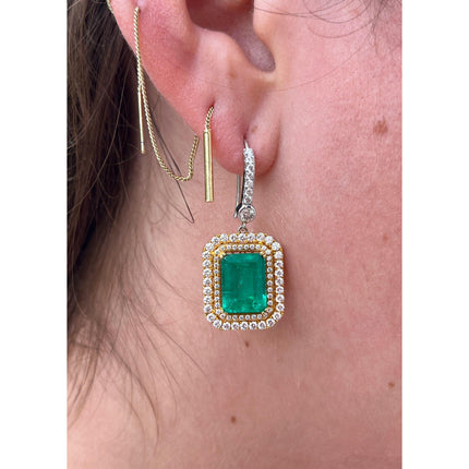 7.36 Carat Colombian Emerald Octagonal Cut Diamond Double Halo Dangle Earrings-Time and Carat
