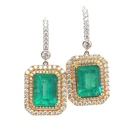 7.36 Carat Colombian Emerald Octagonal Cut Diamond Double Halo Dangle Earrings-Time and Carat