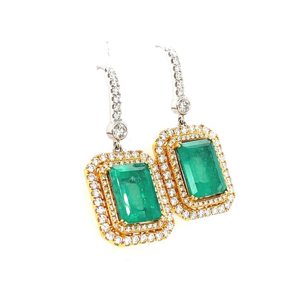 7.36 Carat Colombian Emerald Octagonal Cut Diamond Double Halo Dangle Earrings-Time and Carat