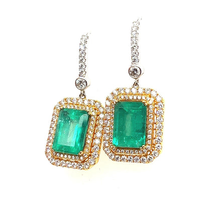 7.36 Carat Colombian Emerald Octagonal Cut Diamond Double Halo Dangle Earrings-Time and Carat