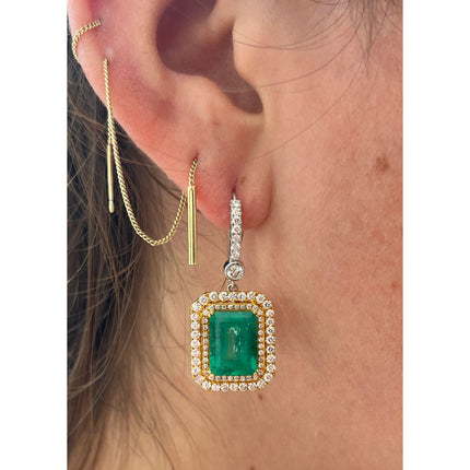 7.36 Carat Colombian Emerald Octagonal Cut Diamond Double Halo Dangle Earrings-Time and Carat