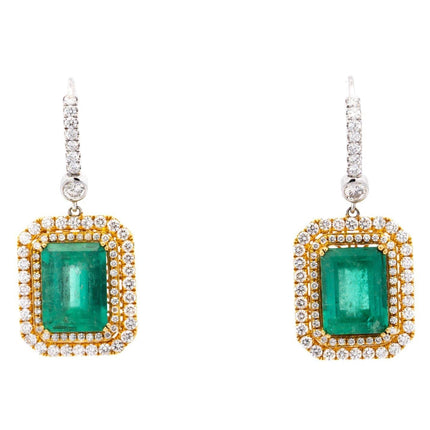 7.36 Carat Colombian Emerald Octagonal Cut Diamond Double Halo Dangle Earrings-Time and Carat