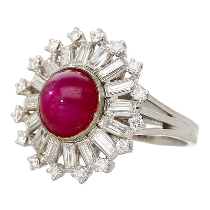 7.40 Carat Cabochon Star Ruby Baguette Round Diamond Ballerina Halo Cocktail Ring Art Deco 18K White Gold Split Shank-Time and Carat