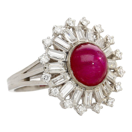7.40 Carat Cabochon Star Ruby Baguette Round Diamond Ballerina Halo Cocktail Ring Art Deco 18K White Gold Split Shank-Time and Carat