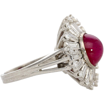 7.40 Carat Cabochon Star Ruby Baguette Round Diamond Ballerina Halo Cocktail Ring Art Deco 18K White Gold Split Shank-Time and Carat