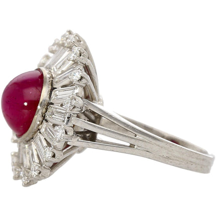 7.40 Carat Cabochon Star Ruby Baguette Round Diamond Ballerina Halo Cocktail Ring Art Deco 18K White Gold Split Shank-Time and Carat