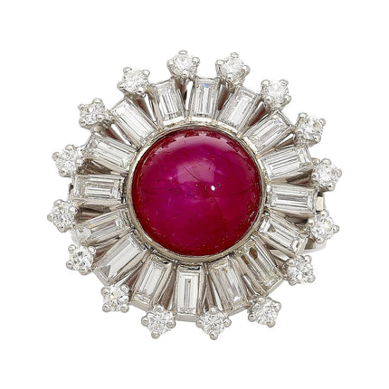 7.40 Carat Cabochon Star Ruby Baguette Round Diamond Ballerina Halo Cocktail Ring Art Deco 18K White Gold Split Shank-Time and Carat