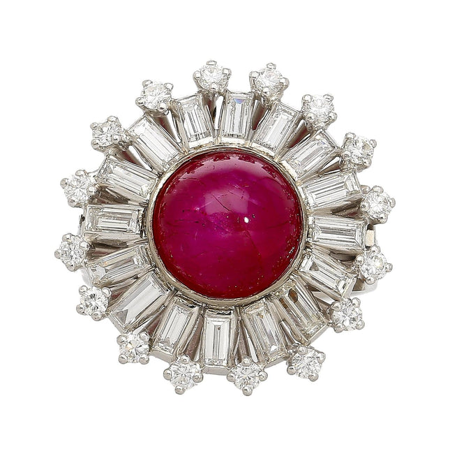 7.40 Carat Cabochon Star Ruby Baguette Round Diamond Ballerina Halo Cocktail Ring Art Deco 18K White Gold Split Shank-Time and Carat