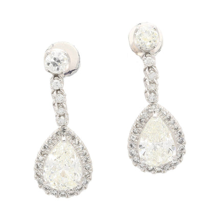 7.51 Carat Pear Cut Diamond Drop Earrings Round Brilliant Halo Old European Cut 18K White Gold-Time and Carat