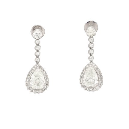 7.51 Carat Pear Cut Diamond Drop Earrings Round Brilliant Halo Old European Cut 18K White Gold-Time and Carat