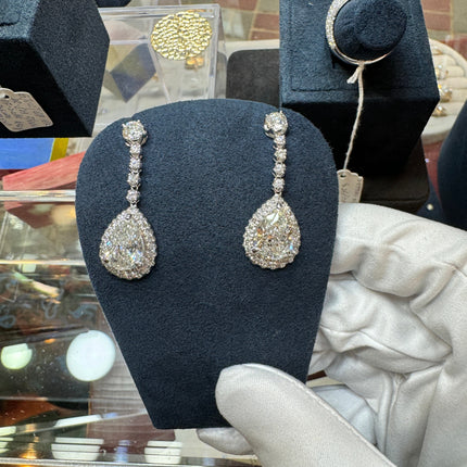 7.51 Carat Pear Cut Diamond Drop Earrings Round Brilliant Halo Old European Cut 18K White Gold-Time and Carat