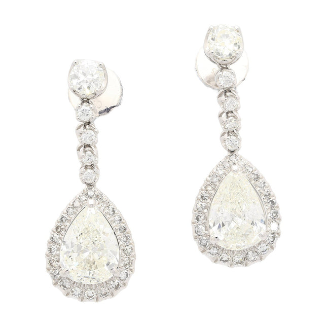 7.51 Carat Pear Cut Diamond Drop Earrings Round Brilliant Halo Old European Cut 18K White Gold-Time and Carat