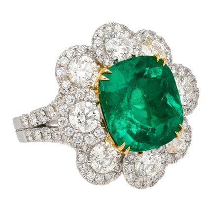 7.60 Carat Cushion Cut Colombian Emerald Round Diamond Ring-Time and Carat