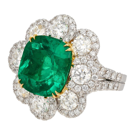 7.60 Carat Cushion Cut Colombian Emerald Round Diamond Ring-Time and Carat