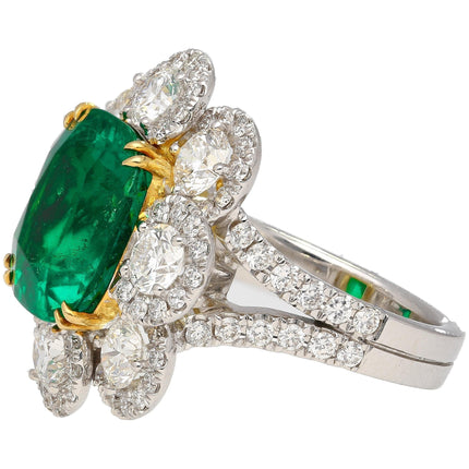 7.60 Carat Cushion Cut Colombian Emerald Round Diamond Ring-Time and Carat