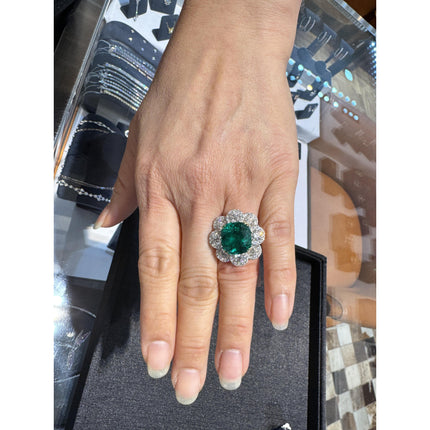 7.60 Carat Cushion Cut Colombian Emerald Round Diamond Ring-Time and Carat