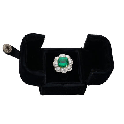 7.60 Carat Cushion Cut Colombian Emerald Round Diamond Ring-Time and Carat