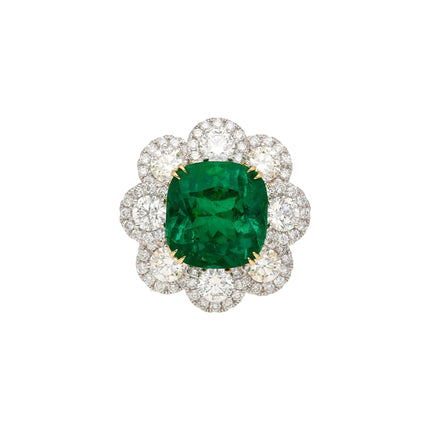 7.60 Carat Cushion Cut Colombian Emerald Round Diamond Ring-Time and Carat