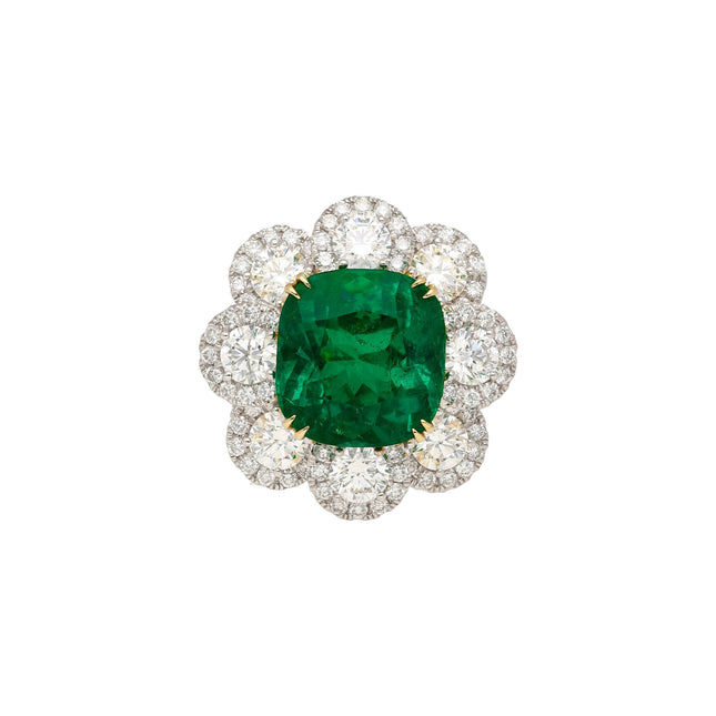 7.60 Carat Cushion Cut Colombian Emerald Round Diamond Ring-Time and Carat