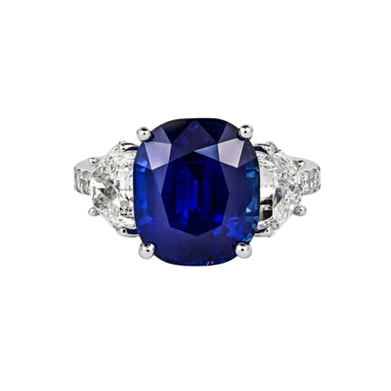 7.77 Carat Royal Blue Sapphire Ceylon No Heat Cushion Cut and Diamond Ring