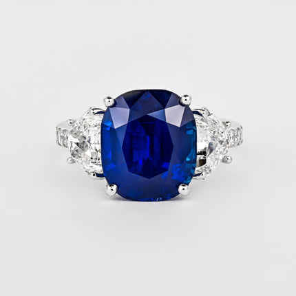 7.77 Carat Royal Blue Sapphire Ceylon No Heat Cushion Cut and Diamond Ring