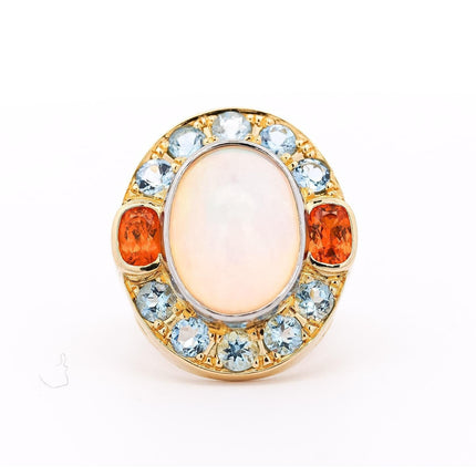 8 Carat Cabochon White Opal Aquamarine Orange Garnet Vintage Ring-Time and Carat