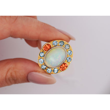 8 Carat Cabochon White Opal Aquamarine Orange Garnet Vintage Ring-Time and Carat