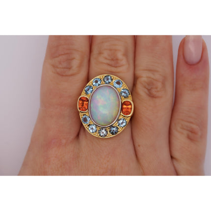8 Carat Cabochon White Opal Aquamarine Orange Garnet Vintage Ring-Time and Carat