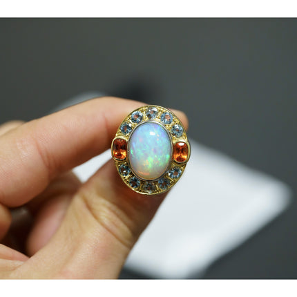 8 Carat Cabochon White Opal Aquamarine Orange Garnet Vintage Ring-Time and Carat