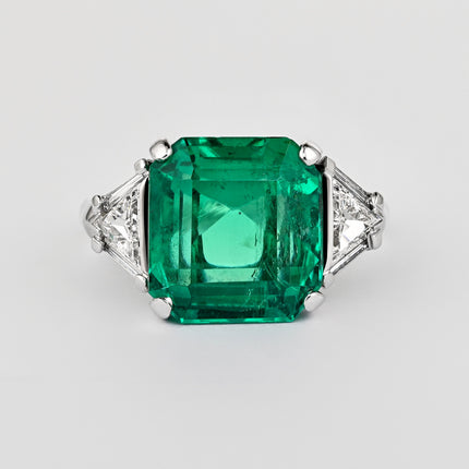 8.01 Carat Emerald Cut Colombian Emerald Trillion Diamond Three Stone Ring-Time and Carat