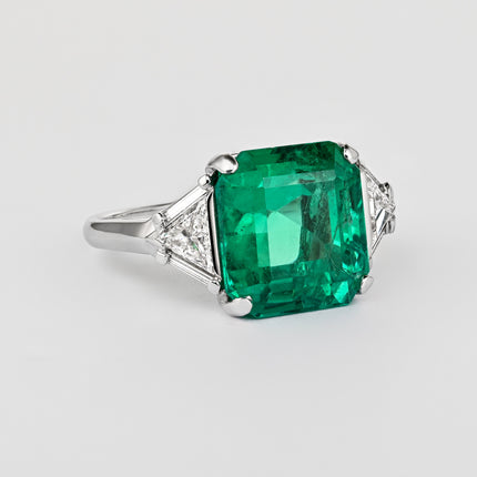 8.01 Carat Emerald Cut Colombian Emerald Trillion Diamond Three Stone Ring-Time and Carat