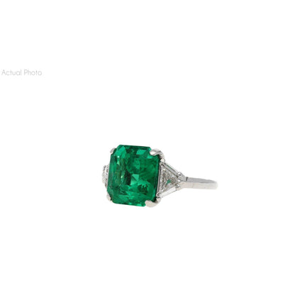 8.01 Carat Emerald Cut Colombian Emerald Trillion Diamond Three Stone Ring-Time and Carat
