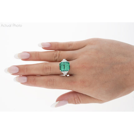 8.01 Carat Emerald Cut Colombian Emerald Trillion Diamond Three Stone Ring-Time and Carat