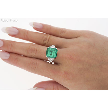 8.01 Carat Emerald Cut Colombian Emerald Trillion Diamond Three Stone Ring-Time and Carat