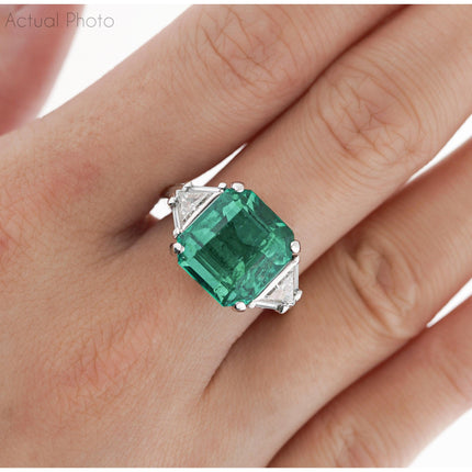 8.01 Carat Emerald Cut Colombian Emerald Trillion Diamond Three Stone Ring-Time and Carat