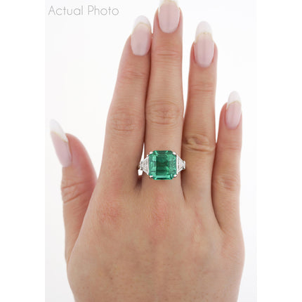 8.01 Carat Emerald Cut Colombian Emerald Trillion Diamond Three Stone Ring-Time and Carat