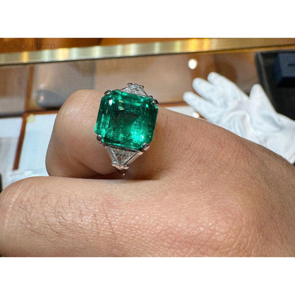 8.01 Carat Emerald Cut Colombian Emerald Trillion Diamond Three Stone Ring-Time and Carat