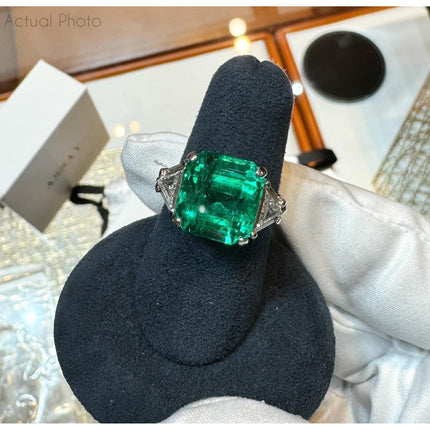 8.01 Carat Emerald Cut Colombian Emerald Trillion Diamond Three Stone Ring-Time and Carat